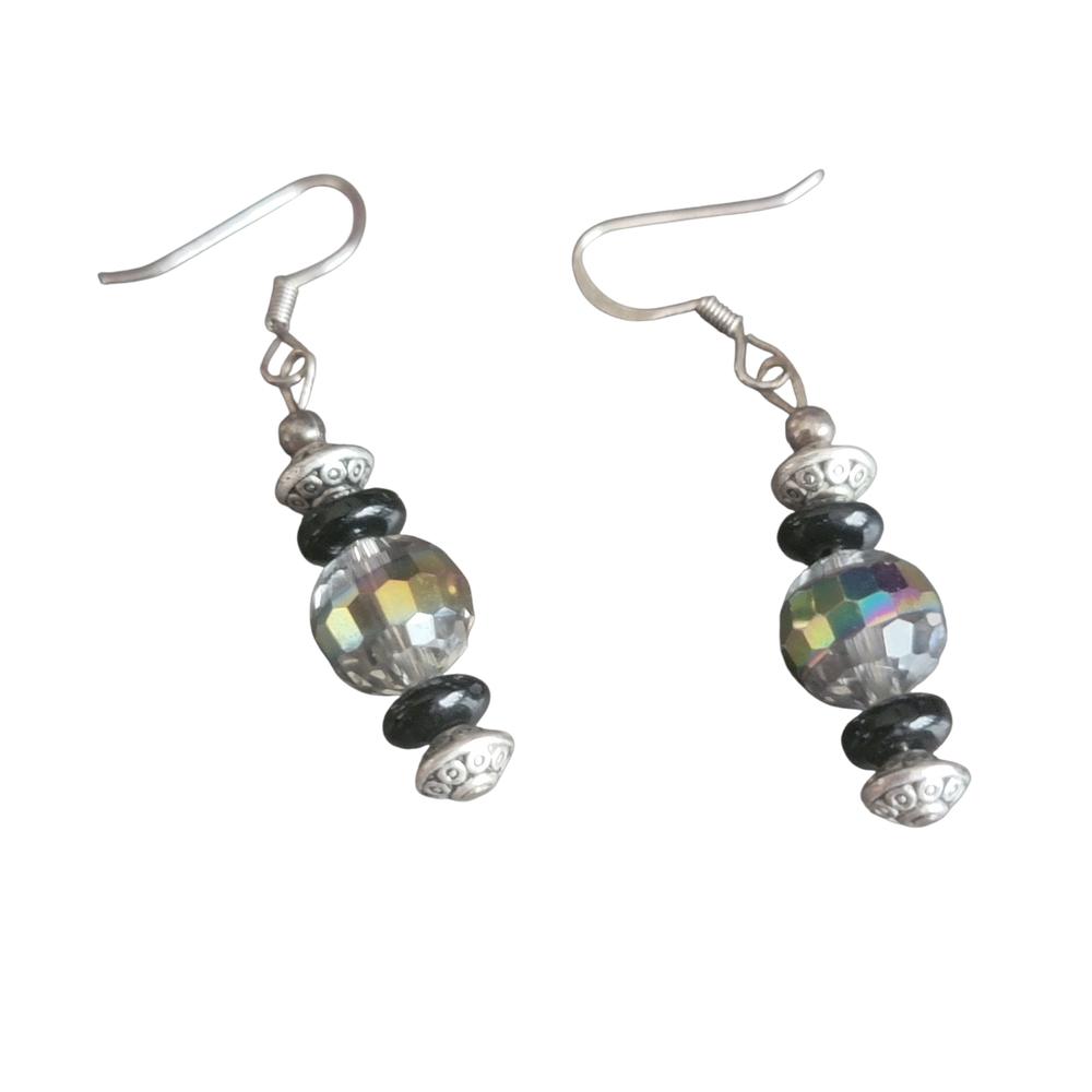 Silver and Black Irridescent Beaded Earrings